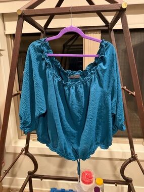 Lane Bryant Teal Ruffle-Neck Peasant Blouse and Matching Skirt